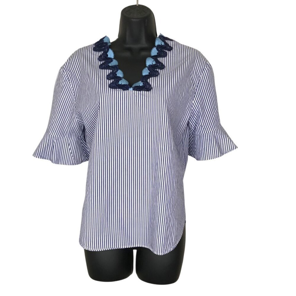 Sandro Paris Blue & White Striped Cotton Blouse With Lace Neck Line Size  M
